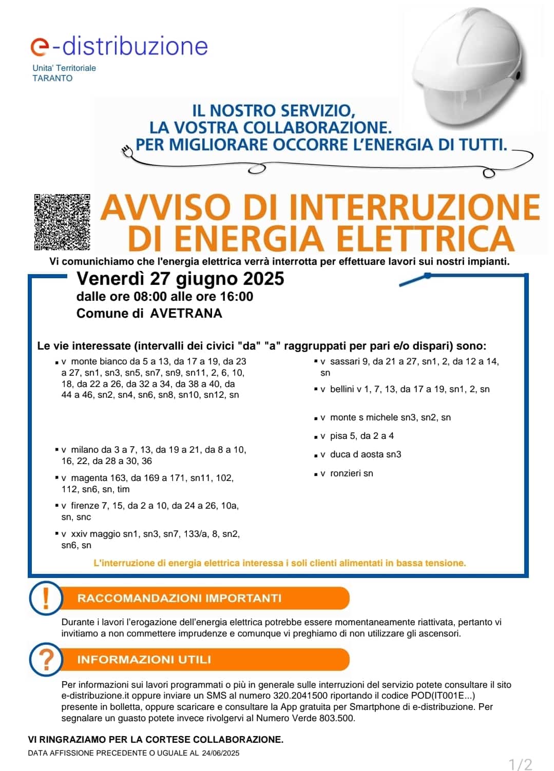 Avviso di interruzione energia elettrica